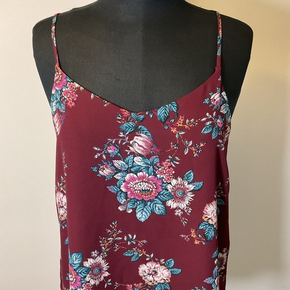 19. Pink Republic Burgundy Flower Print Spaghetti Strap Blouse Size Medium - Picture 2 of 5
